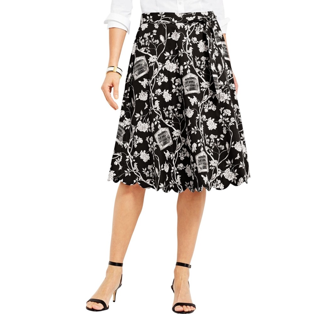 Talbots Scallop Edge Skirt Black White Birdcage Floral Toile Fit & Flare Size 16